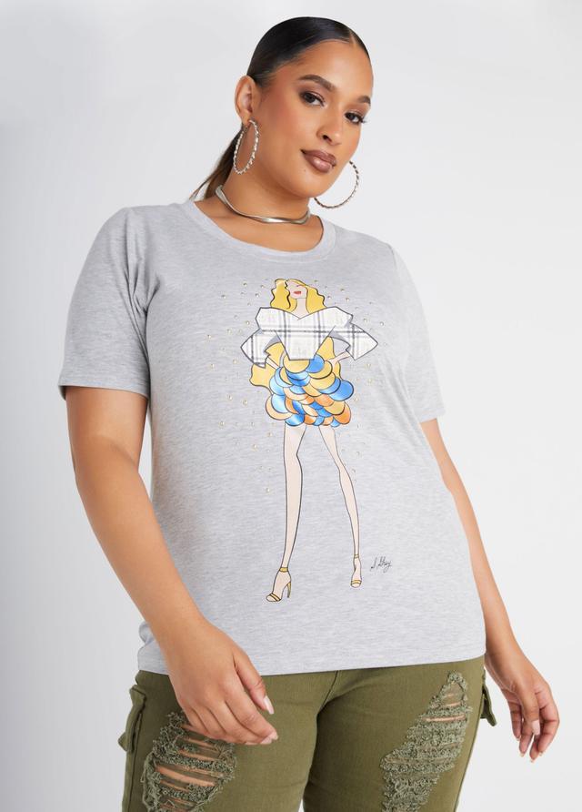 Plus Size Sheila Gray Studded Graphic Tee Ashley Stewart Product Image