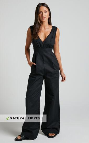 Amalie The Label - Emiliana Linen Blend Plunge Wide Leg Jumpsuit in Black Product Image