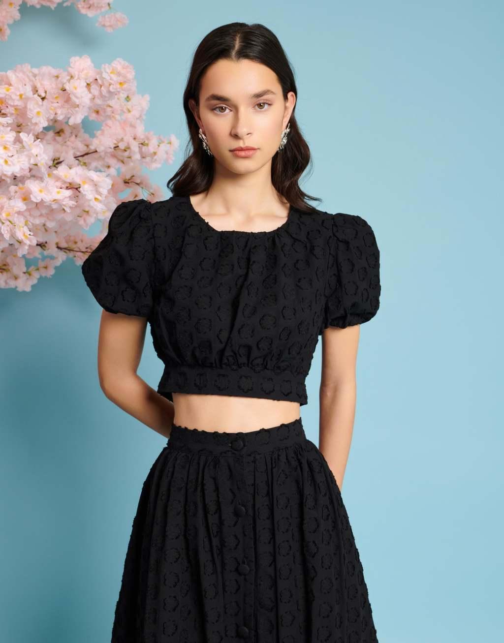 Sister Jane puff sleeve jacquard crop top in black - part of a set Product Image