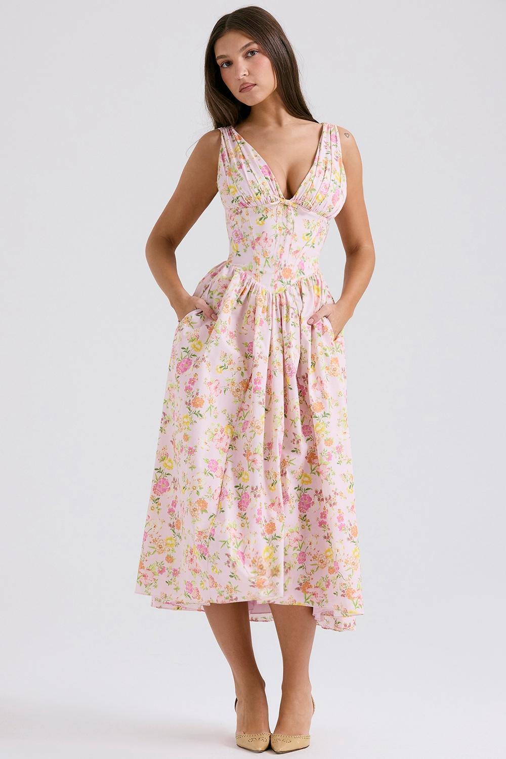 Emmelina Pink Meadow Print Cotton Corset Sundress Product Image