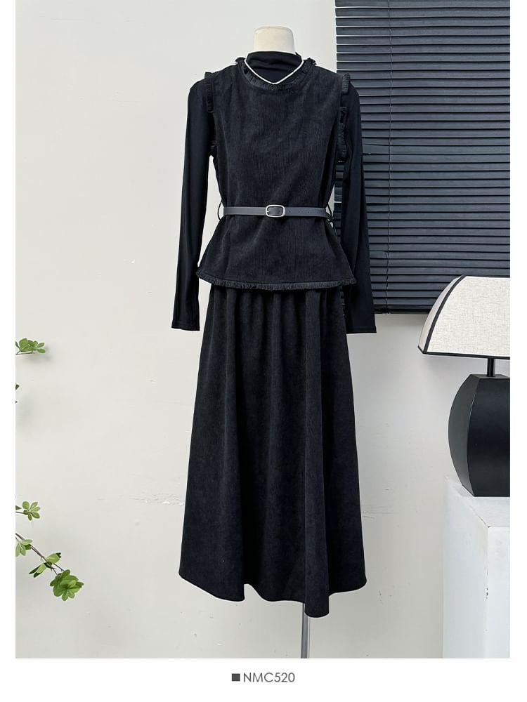 Set: Mock-Neck Tee + Frayed Vest + A-Line Skirt + Belt Product Image