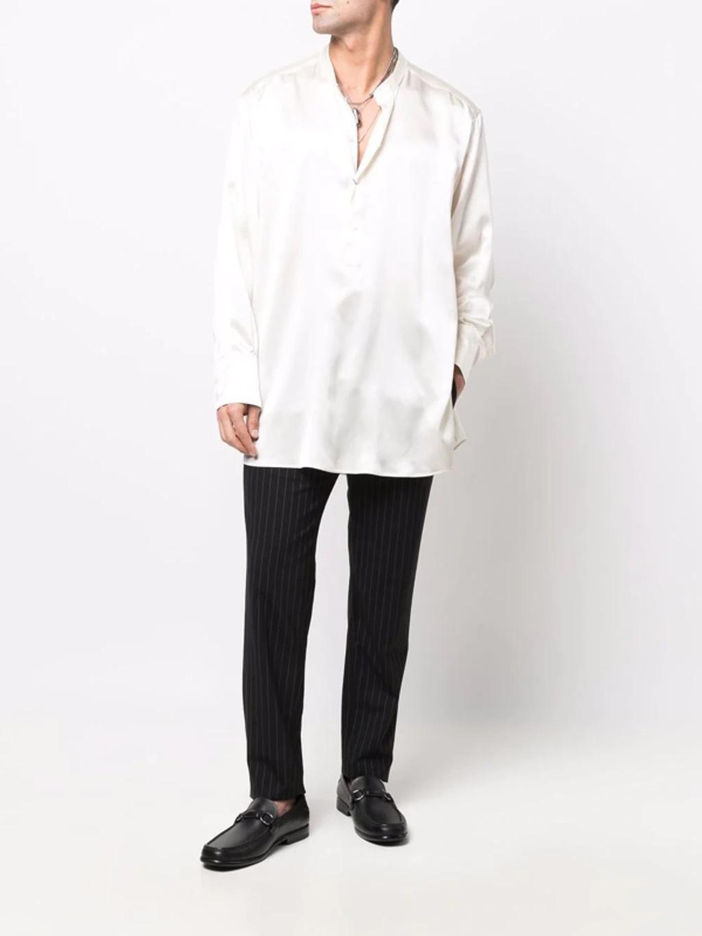 Long-sleeve Silk Longline Shirt In Bianco Product Image