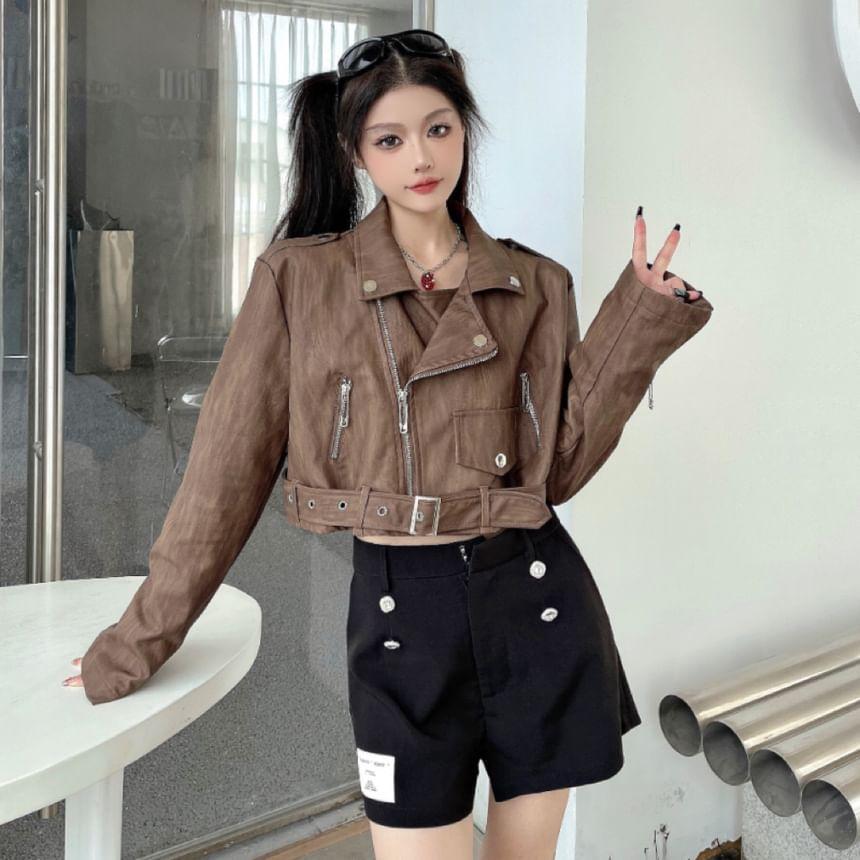 Lapel Collar Plain Zip-Up Faux Leather Crop Biker Jacket Product Image