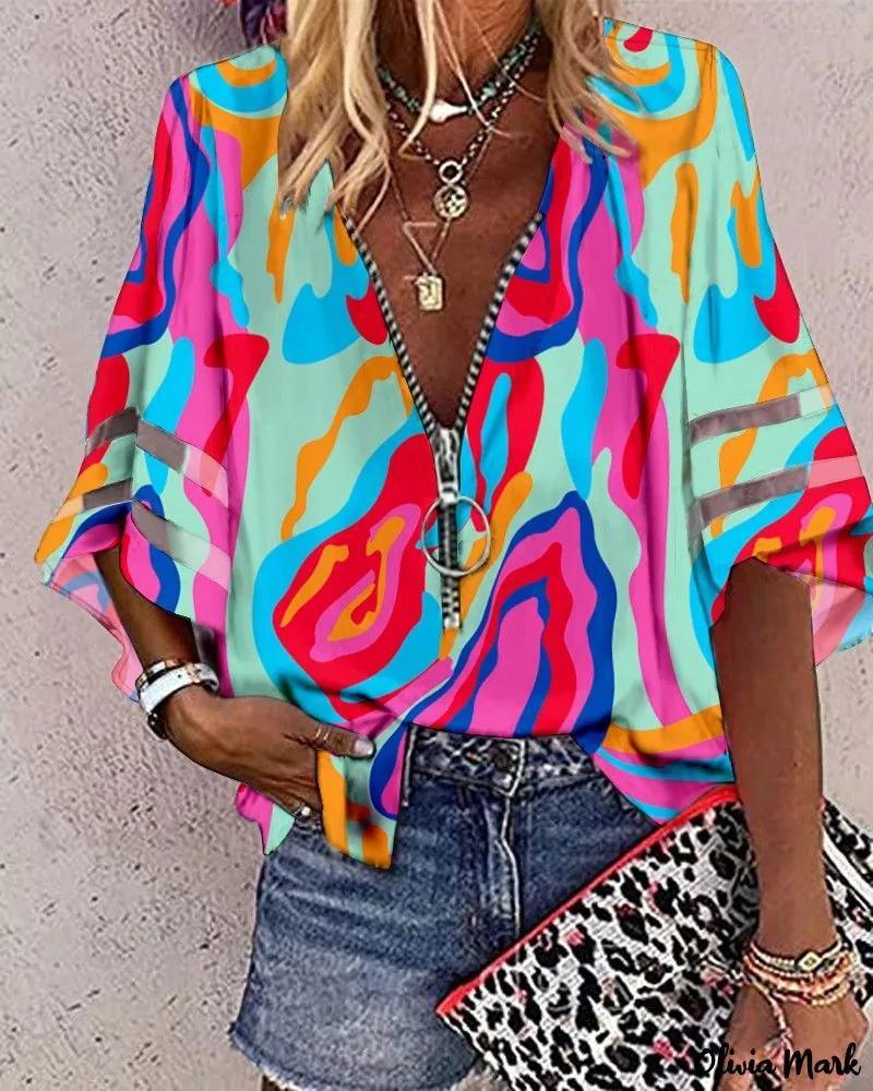 Olivia Mark – Abstract Print Bell Sleeve Zip Front Top with Multi-Color Design Product Image