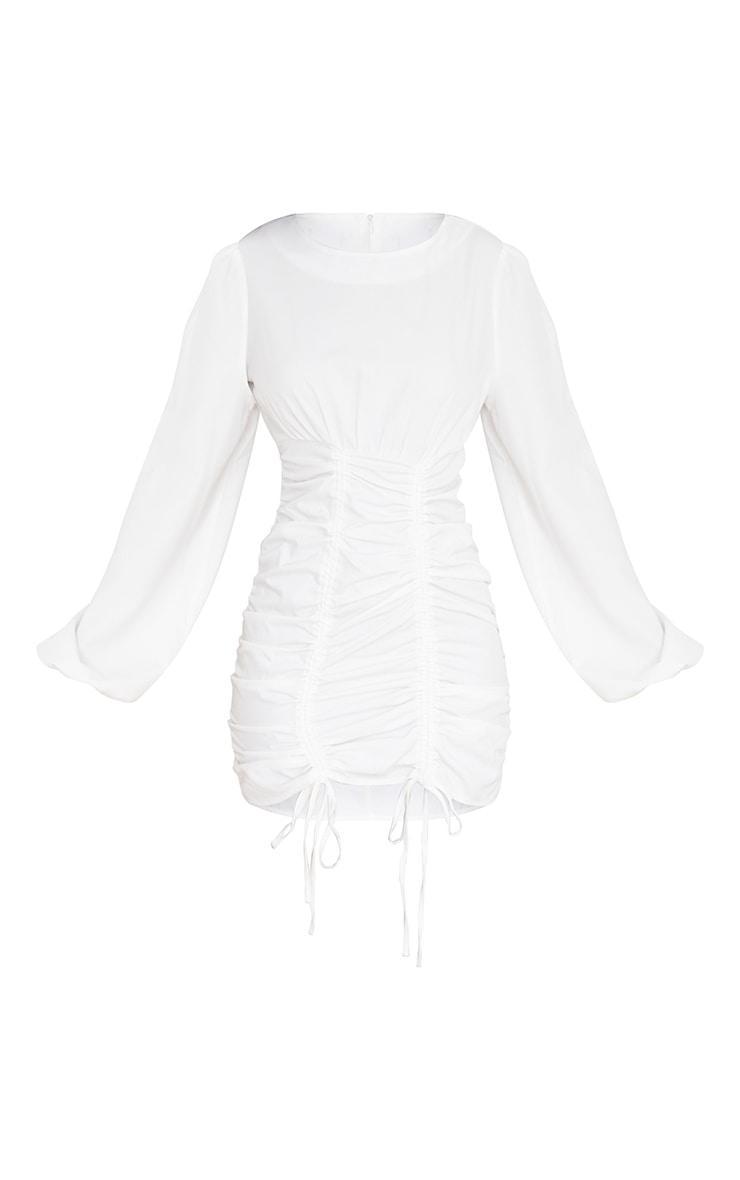 White Ruched Long Sleeve Bodycon Dress Product Image