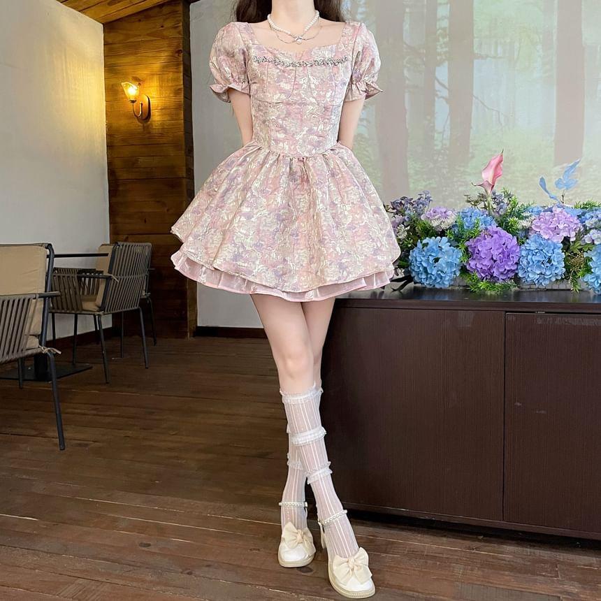 Short-Sleeve Square Neck Jacquard Mini A-Line Dress Product Image