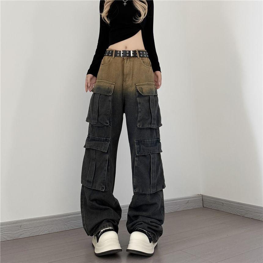 Mid Waist Gradient Washed Wide Leg Cargo Jeans Product Image