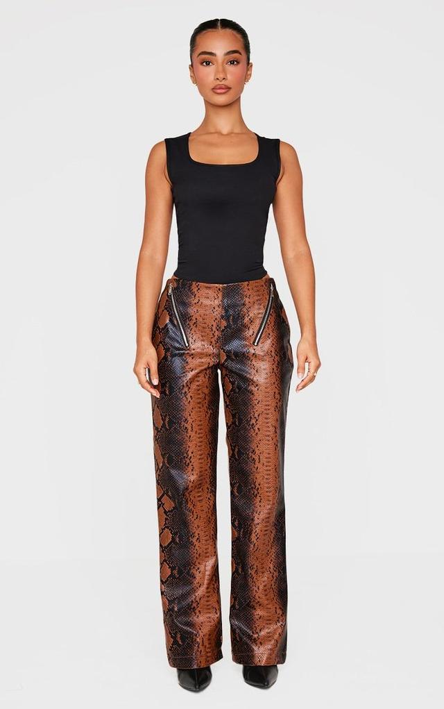 Petite Snake Print Faux Leather Zip Detail Low Rise Wide Leg Pants Product Image