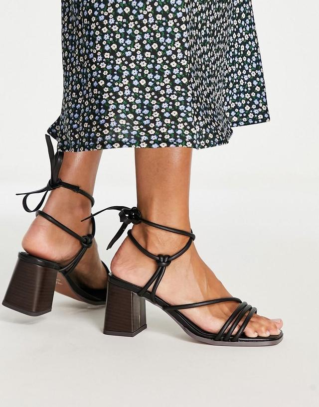 ASOS DESIGN Hollow strappy tie leg mid heeled sandals Product Image