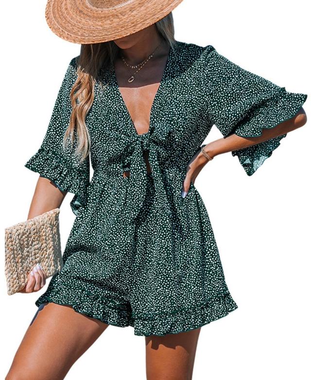 Cupshe Womens Green-and-White Polka Dot Front Tie Cutout Romper Product Image