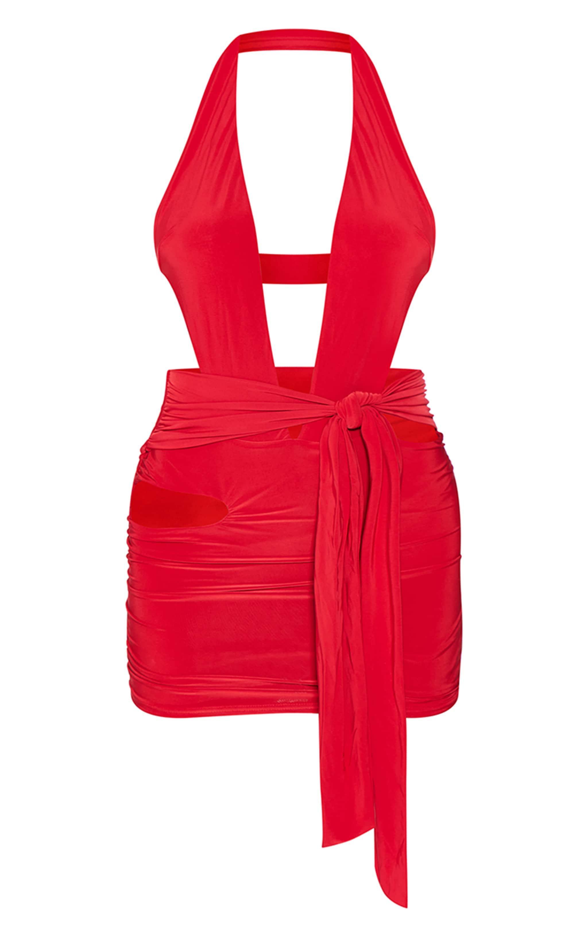 Red Halterneck Cut Out Bodycon Dress Product Image