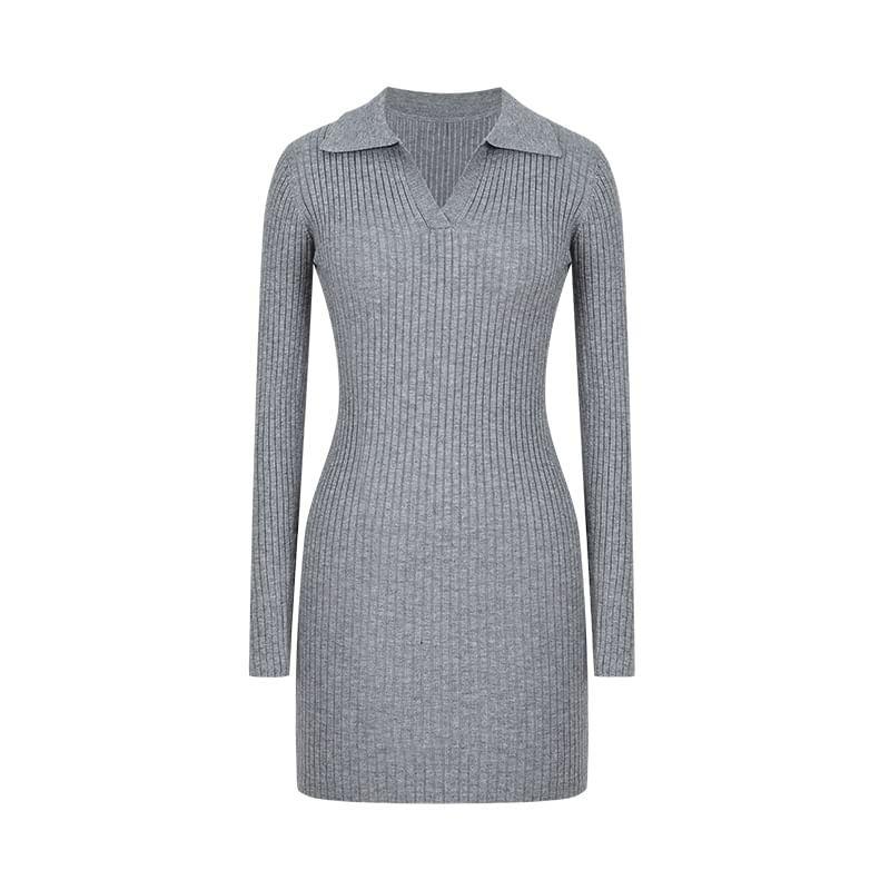 Long Sleeve Open Placket Plain Ribbed Knit Mini Sheath Polo Dress Product Image