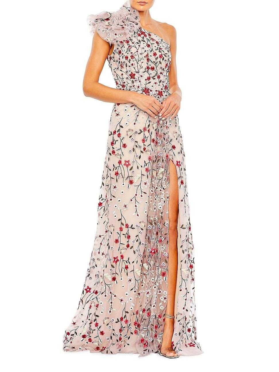 Womens Floral Embroidered One-Shoulder Gown Product Image