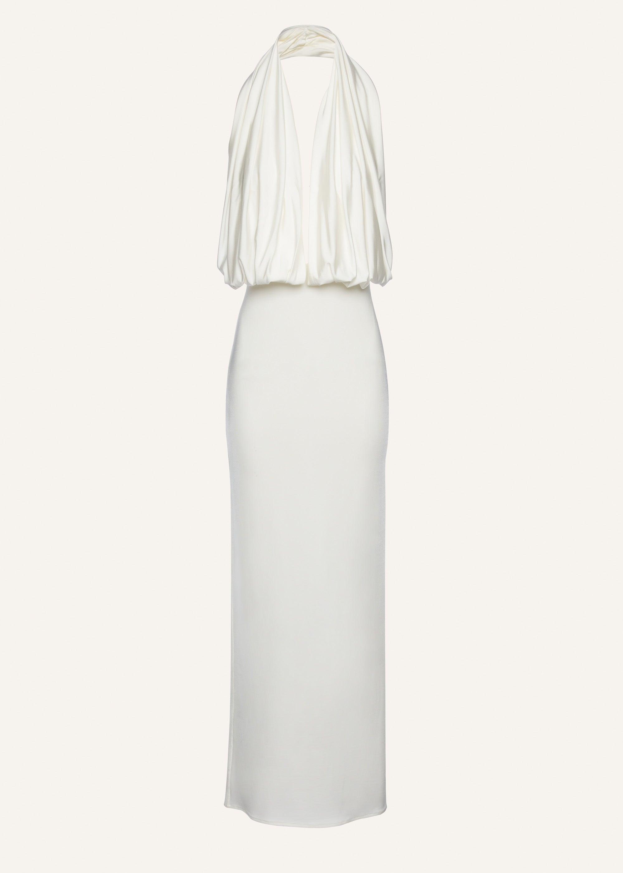 Plunge halter jersey gown in cream Product Image