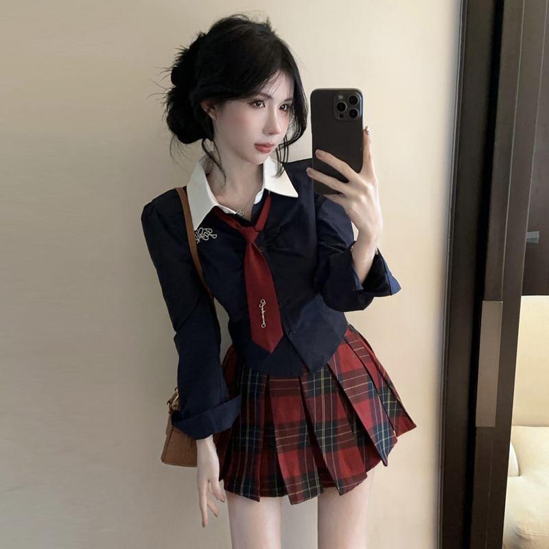 Long-Sleeve Lettering Shirt / Plaid Mini Pleated Skirt / Tie / Set Product Image