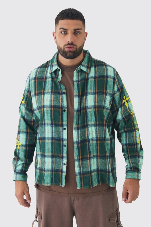 Plus Cross Applique Regular Fit Checked Shirt in Green | boohooMAN USA Product Image