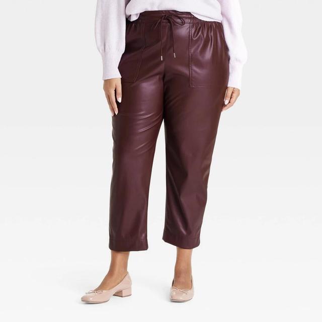 Womens High-Rise Faux Leather Tapered Ankle Pull-On Pants - A New Day Burgundy XXL Product Image