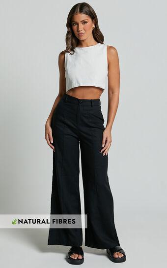 Skye Pants - Linen Look High Waisted Seam Detail Pants in Black Product Image