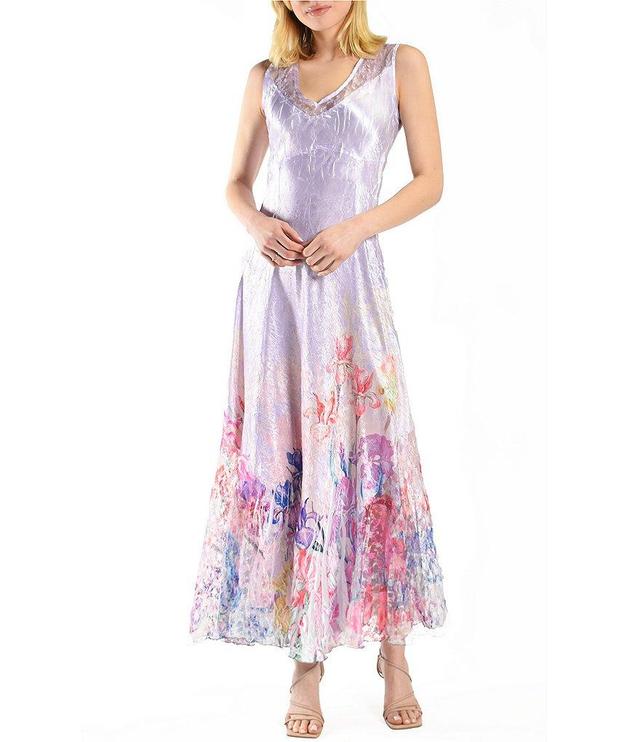 Komarov Charmuese Pleated Floral Print Scoop Neck Sleeveless Lace Up Back Maxi Dress Product Image