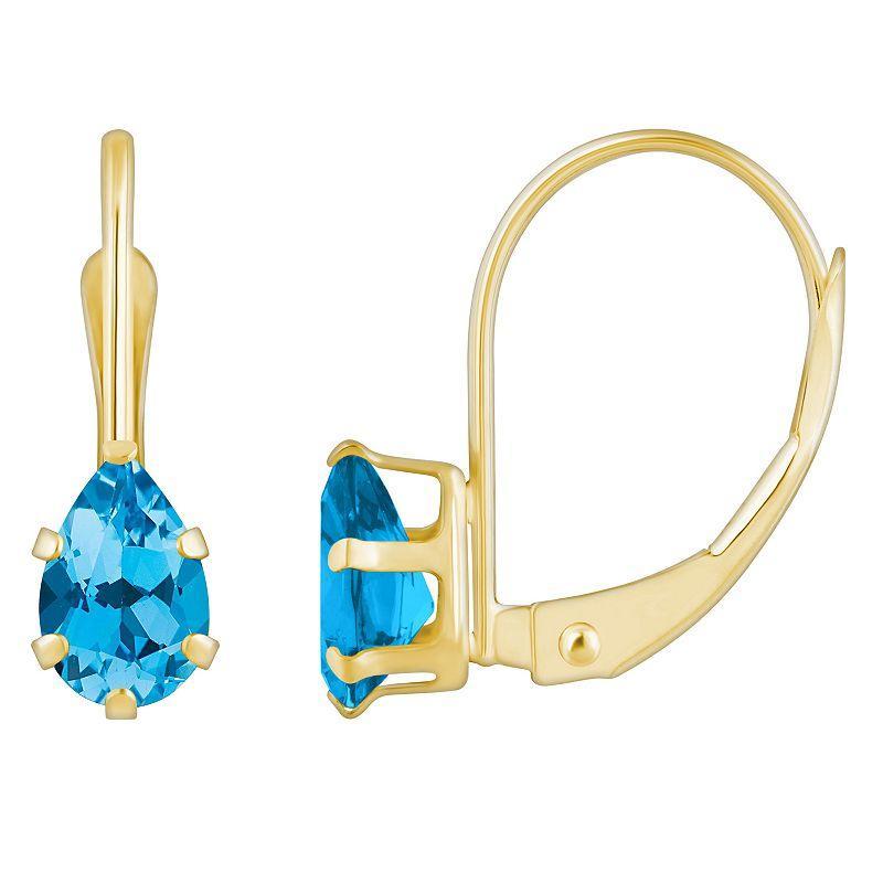 Celebration Gems 10k Gold Pear Shape Swiss Blue Topaz Leverback Earrings, Womens Product Image