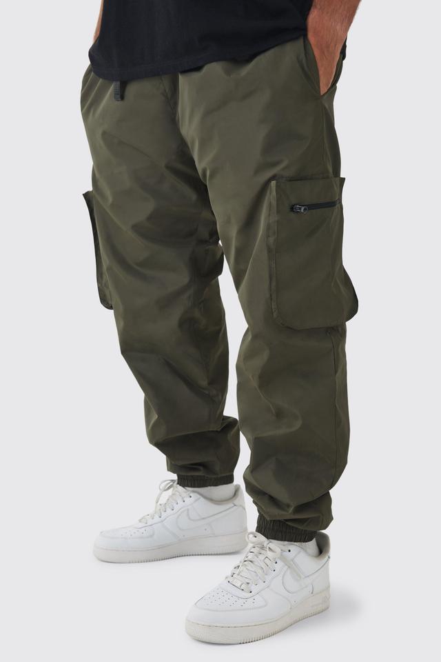 Plus Cuffed Hem Nylon Cargo Pants In Khaki | boohooMAN USA Product Image