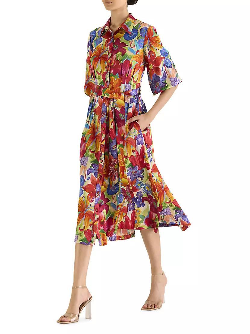 Floral Silk Tie-Waist Shirtdress Product Image