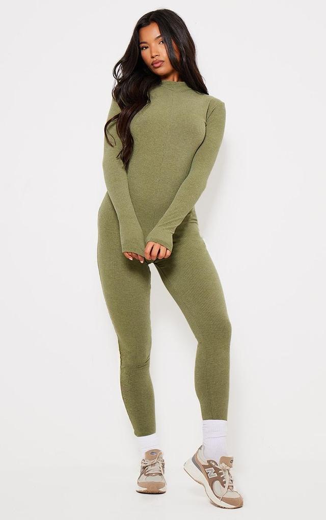 Khaki Ribbed High Neck Zip Long Sleeve Jumpsuit Product Image