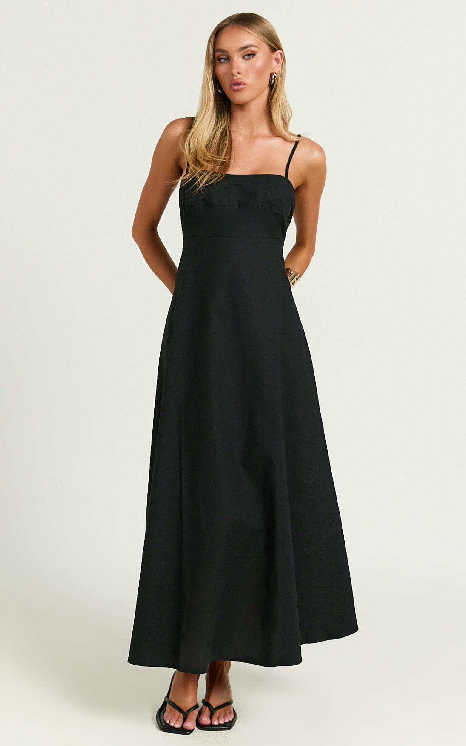 Brette Midi Dress - Linen Look Straight Neck Strappy Fit And Flare Dress in Black Product Image