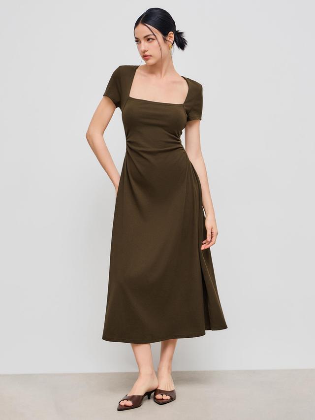 Cotton-blend Square Neck Solid Ruched Midi Dress Product Image