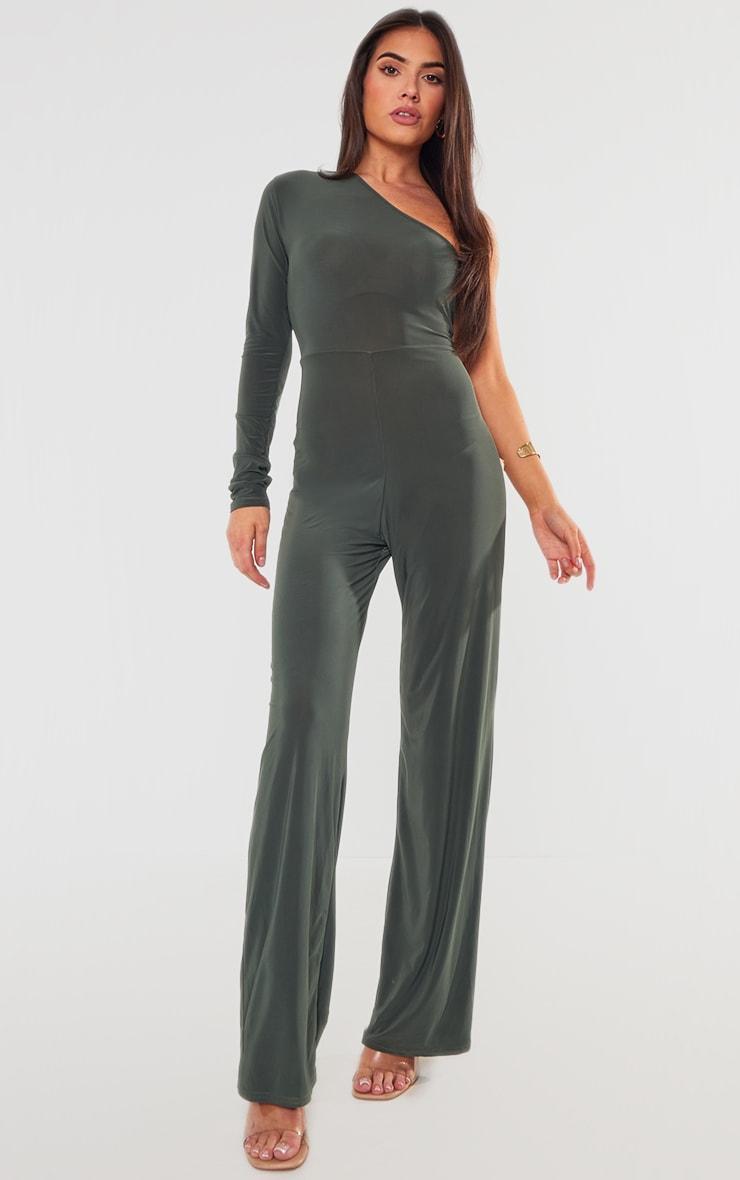 Khaki Slinky One Shoulder Flared Jumpsuit Product Image