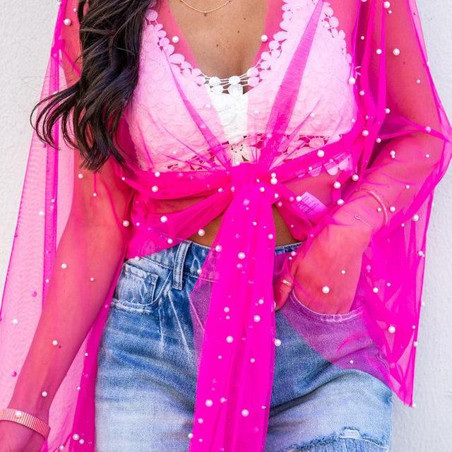 Electric Love Pink Pearl Embellished Mesh Tie Front Blouse FINAL SALE Product Image