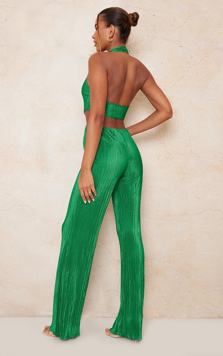 Green Plisse Halterneck Side Cut Out Plunge Jumpsuit Product Image