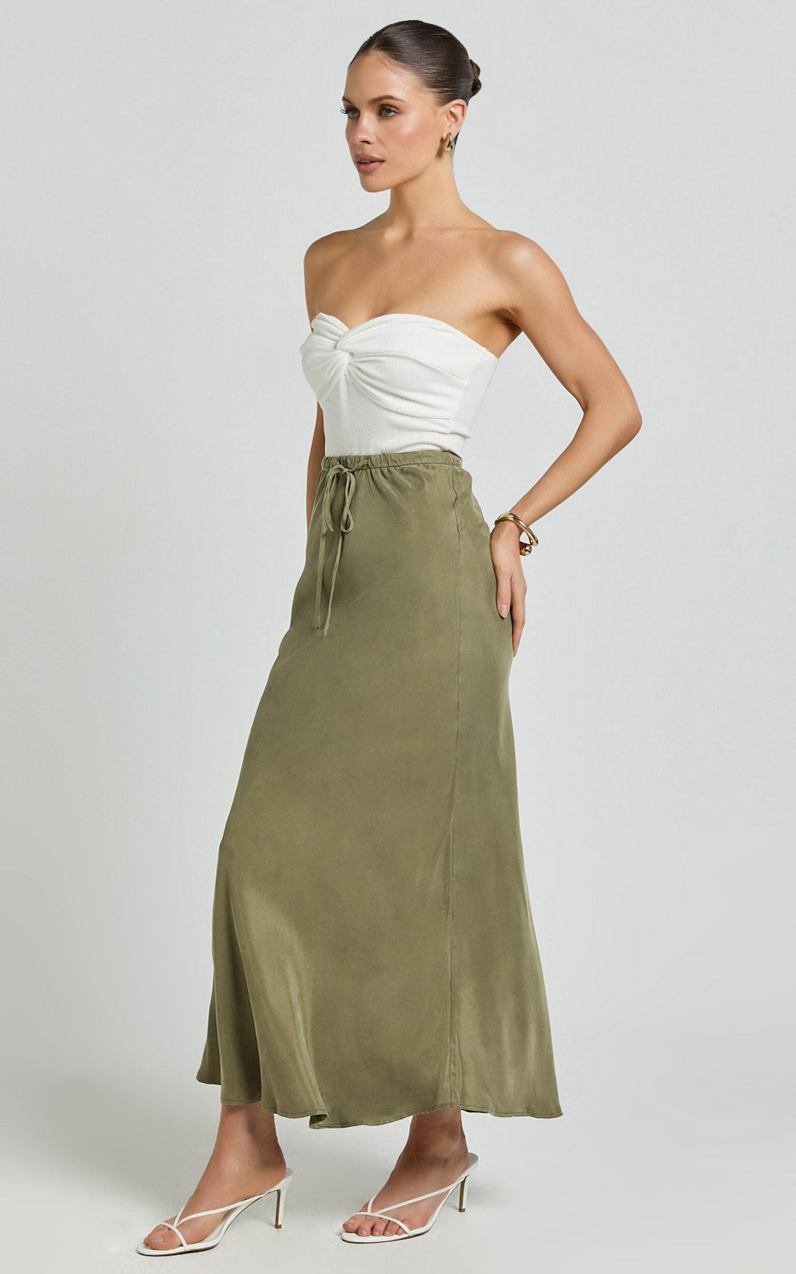 Wilhelmine Maxi Skirt - Cupro High Waisted Drawstring Slip Skirt in Moss Product Image