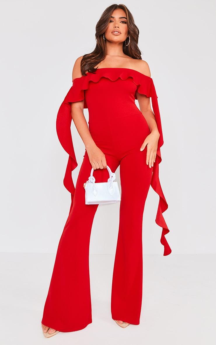 Red Off Shoulder Ruffle Detail Jumpsuit Product Image