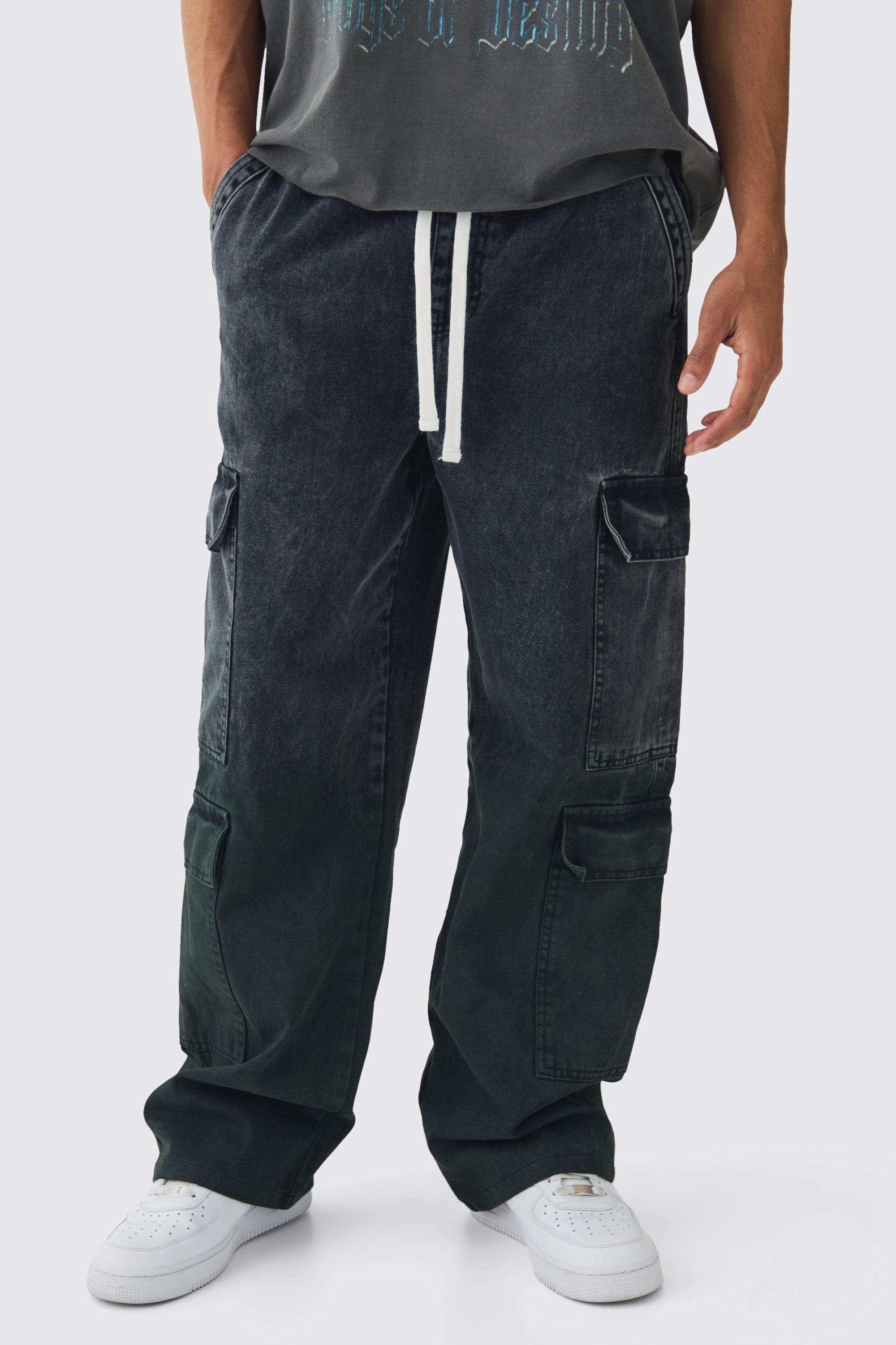 Elasticated Waist Relaxed Rigid Ombre Cargo Denim Jeans | boohooMAN USA Product Image