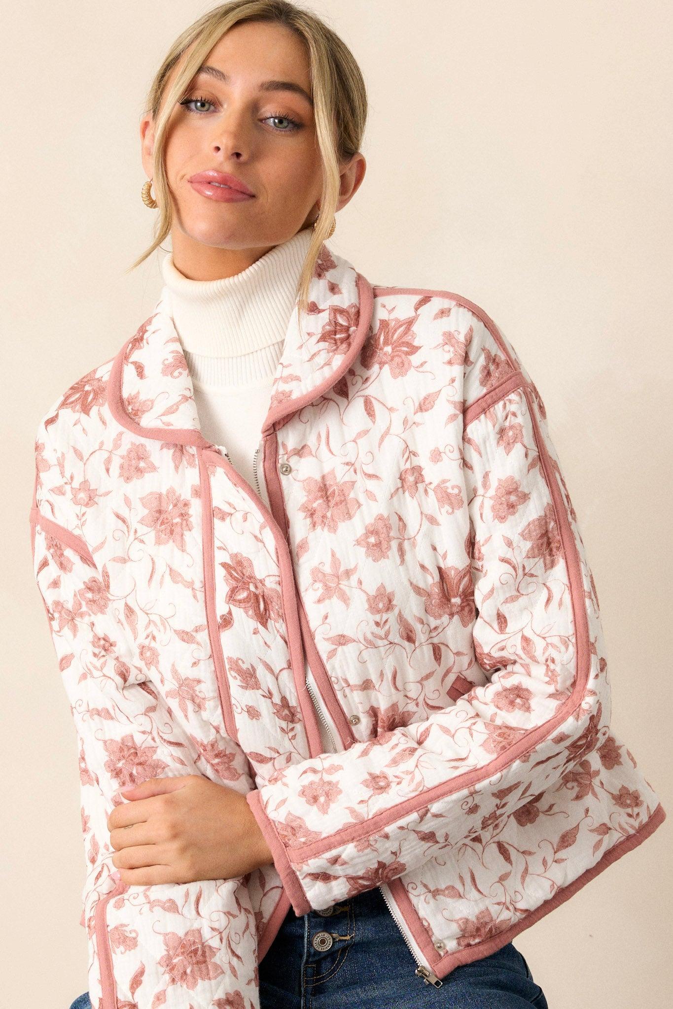 Ask Anyway 100% Cotton Dusty Pink Floral Quilted Jacket Product Image