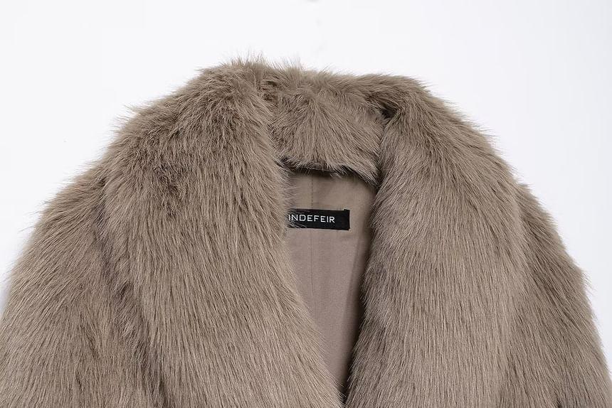 Lapel Collar Plain Faux Fur Button Long Coat product image