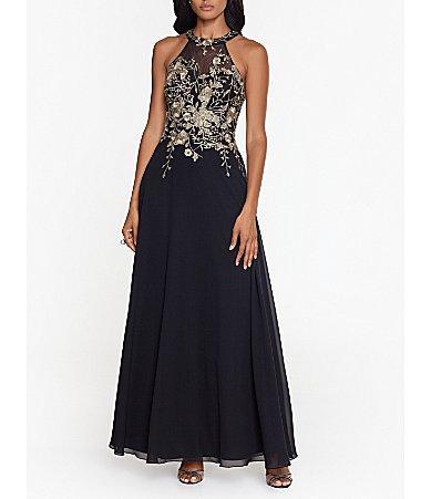 Betsy  Adam Halter Neck Floral Embroidered Sleeveless Chiffon Gown Product Image