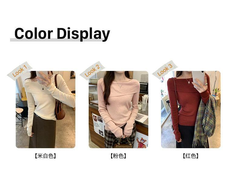 Long Sleeve Boat Neck Plain Knit Top Product Image