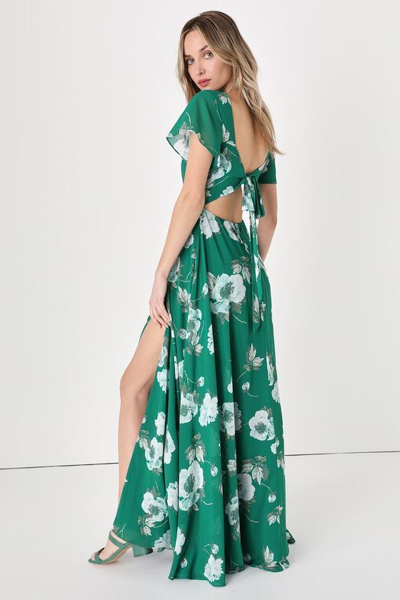 Classic Love Green Floral Print Tie-Back Maxi Dress Product Image