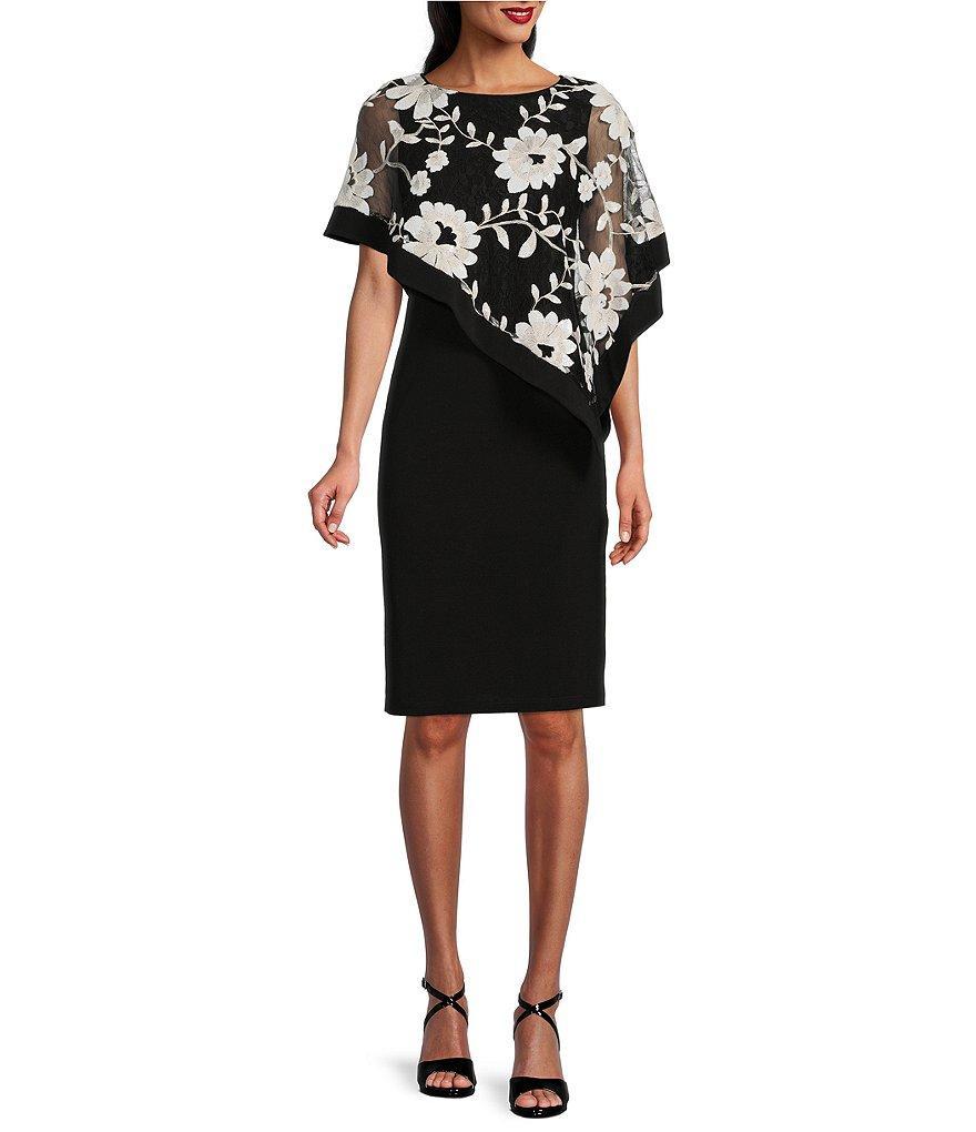 R  M Richards Floral Print Embroidered Sequin Mesh Poncho Overlay 34 Sleeve Boat Neck Sheath Popover Dress Product Image