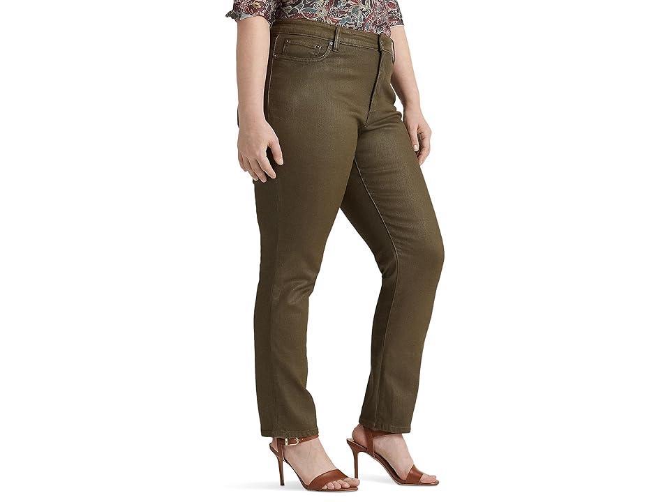 LAUREN Ralph Lauren Plus Size Coated Mid-Rise Straight Ankle Jeans in Olive Fern Wash (Olive Fern Wash) Women's Jeans Product Image