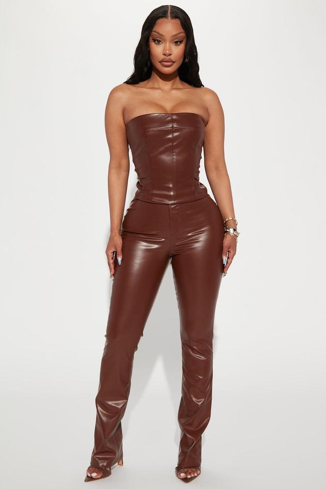 Turning Heads Faux Leather Pant Set - Brown Product Image