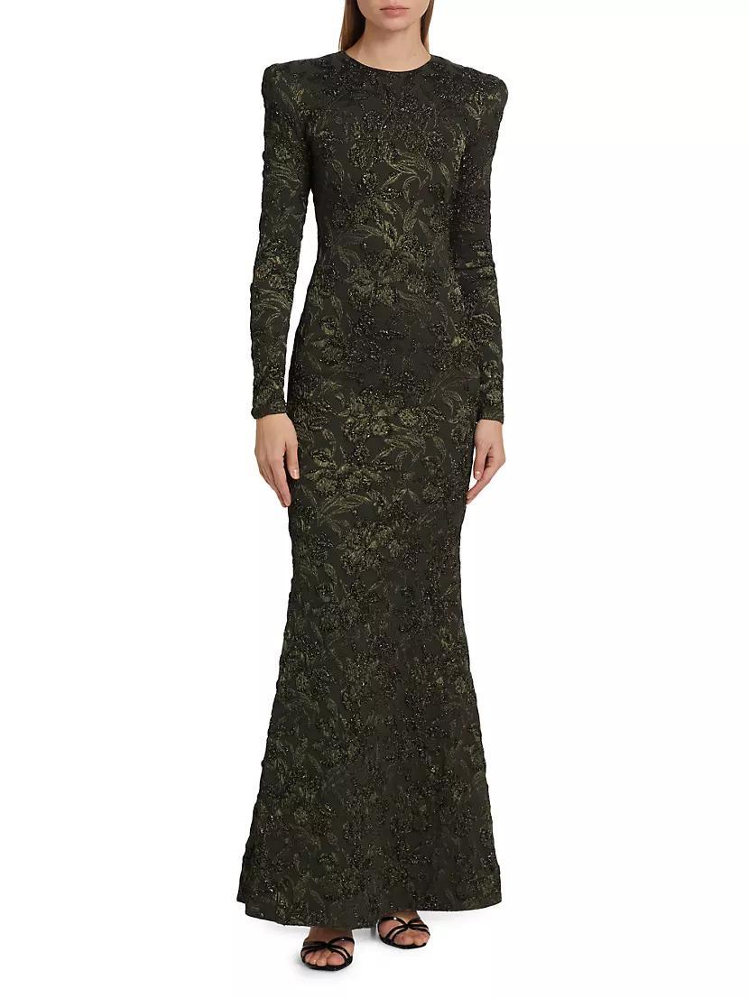 Long-Sleeve Metallic Jacquard Gown Product Image