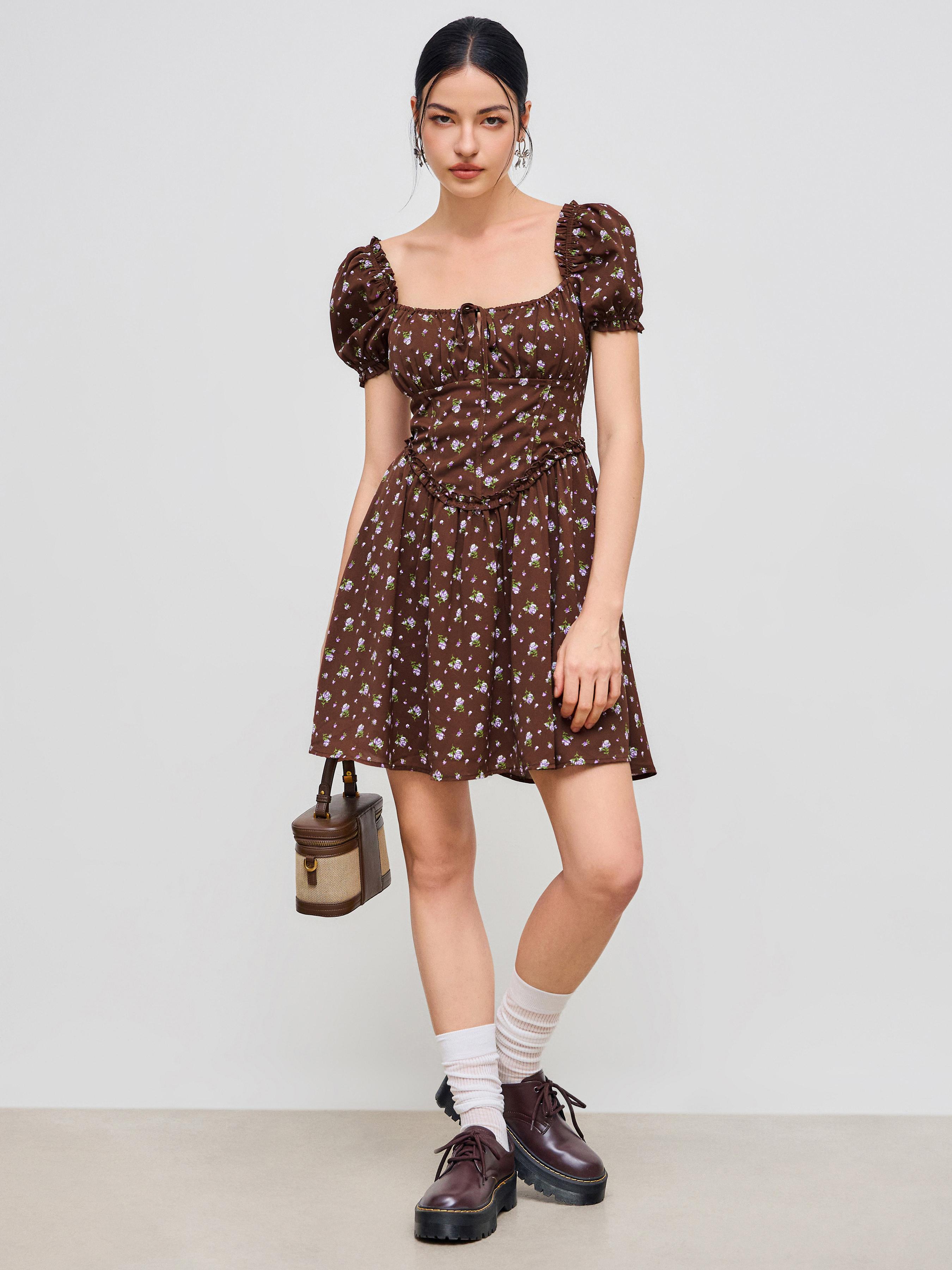 Square Neck Floral Ruffle Knotted Puff Sleeve Mini Dress Product Image