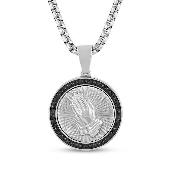 Men's 1/4 CT. T.w. Black Diamond Praying Hands Medallion Pendant in Stainless Steel and Black Ion-Plate - 24" Product Image