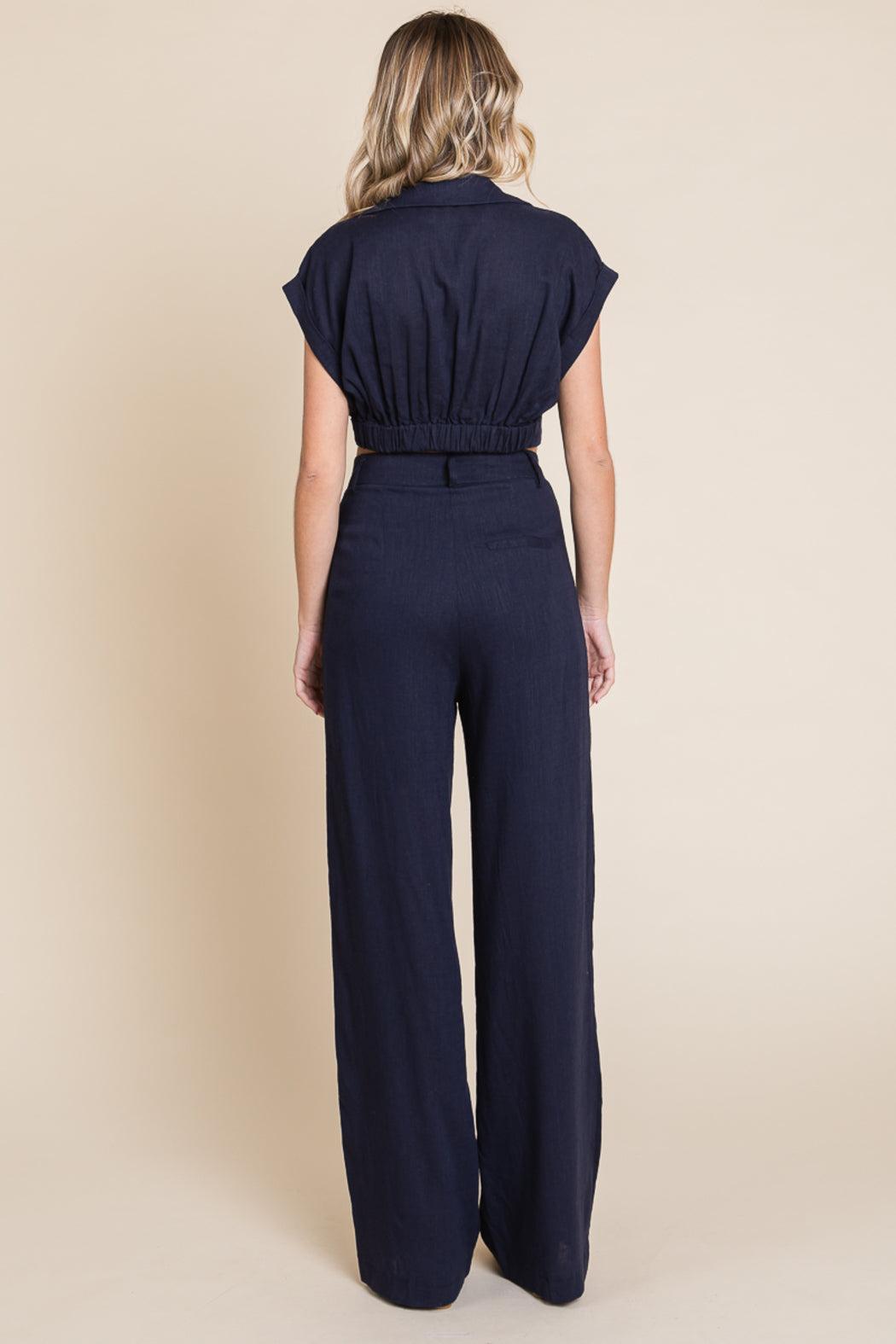 Hide Waist Wide Leg Pants And Crop Top Linen Sets product image