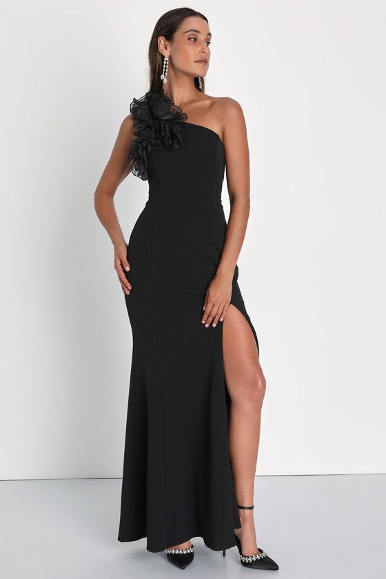 Stunning Significance Black One-Shoulder 3D Ruffled Maxi Dress Product Image