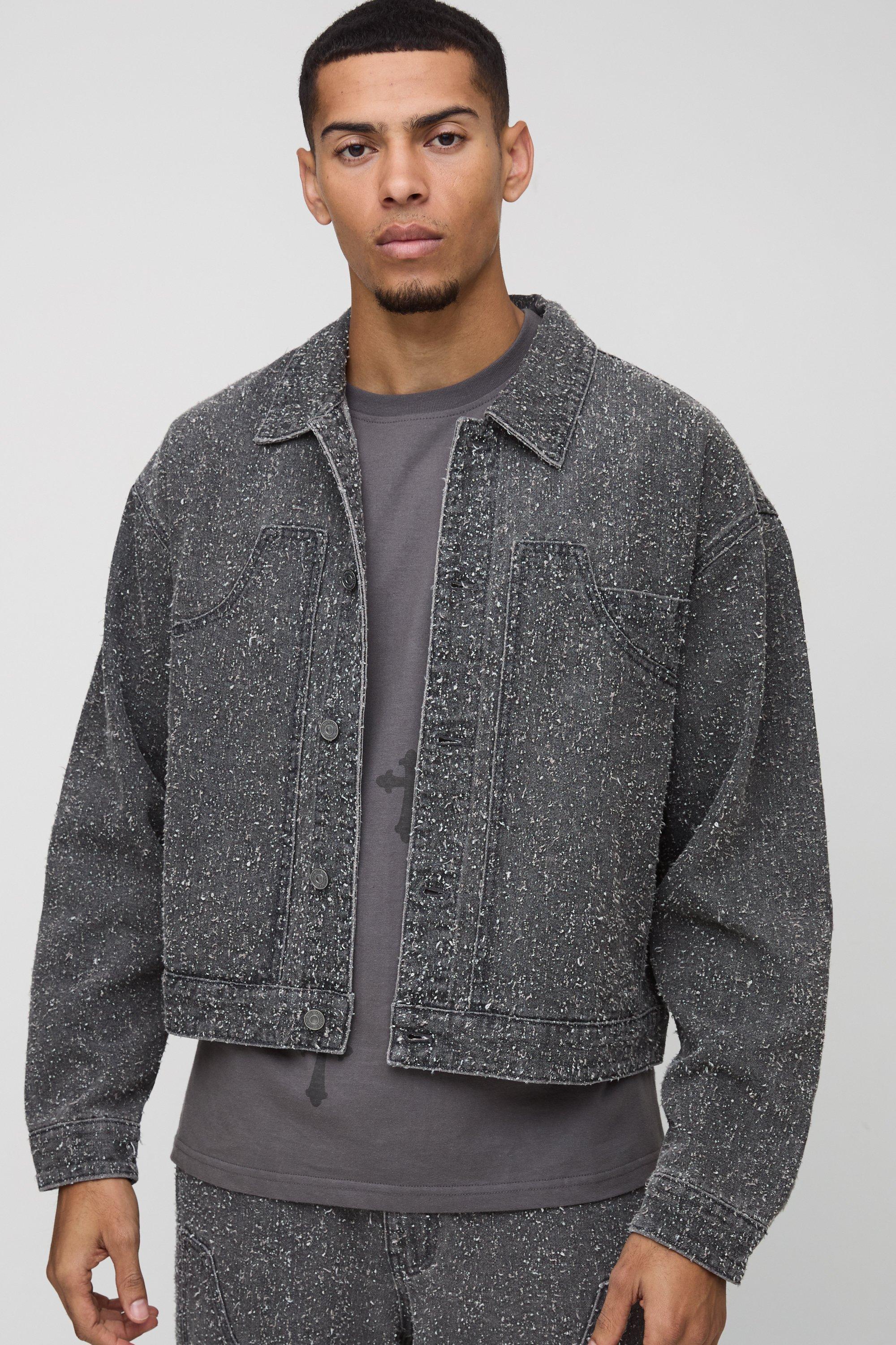 Boxy Textured Carpenter Jean Jacket | boohooMAN USA Product Image