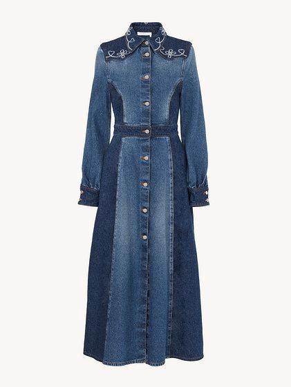 Embroidered denim shirt dress Product Image